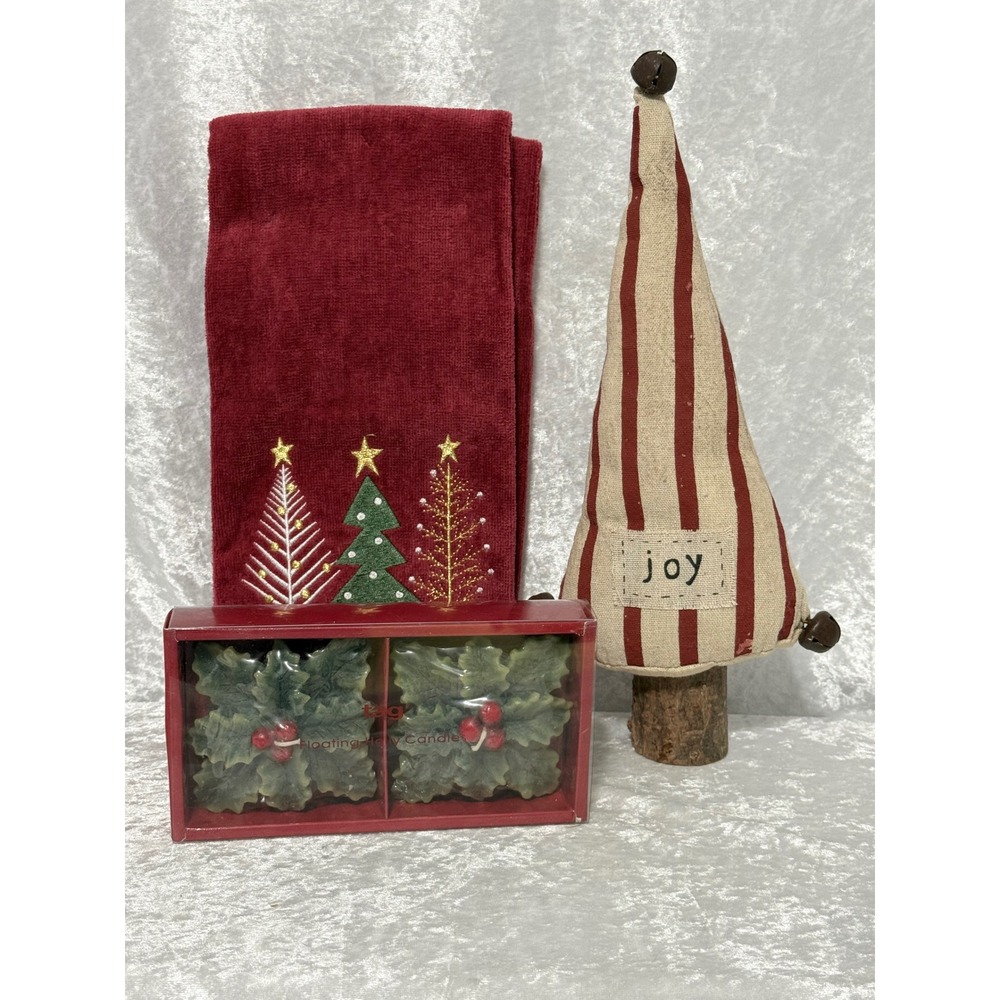 Christmas Decor Bundle Hand Towel Joy Fabric Tree Tag Floating Holly Candles